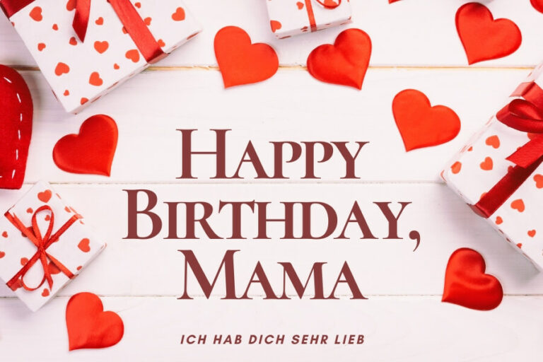Geburtstagswunsch für Mama auf einer Karte mit roten Herzen